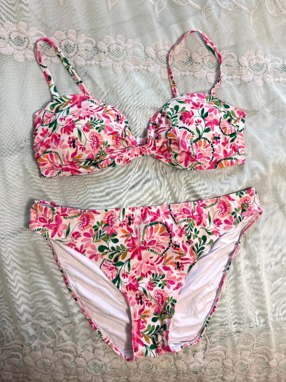 CeCe Floral Bikini Set Women's 2-Piece White Pink Green Orange L